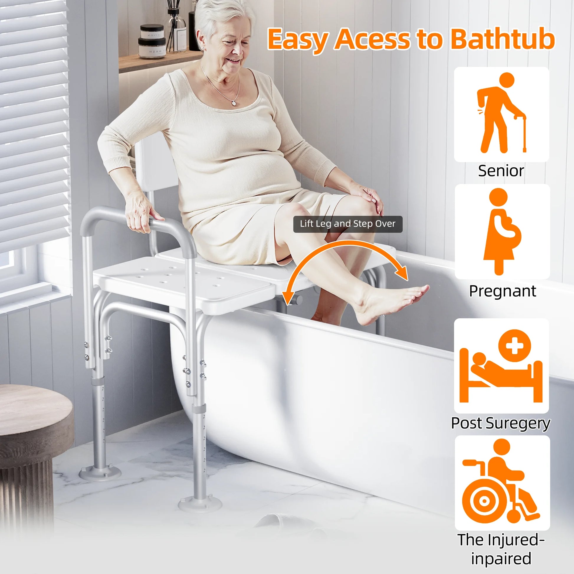 Woman using a bath lift chair with text indicating its use for seniors, pregnant women, post-surgery patients, and the injured/inabled.

