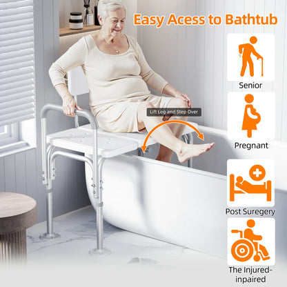 Woman using a bath lift chair with text indicating its use for seniors, pregnant women, post-surgery patients, and the injured/inabled.

