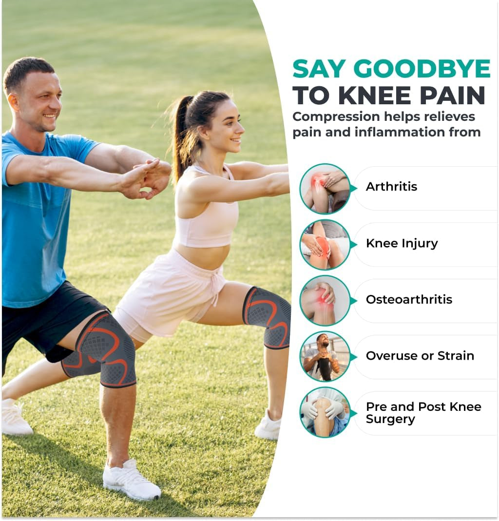 Two people exercising outdoors with knee support, promoting relief from various knee conditions.

