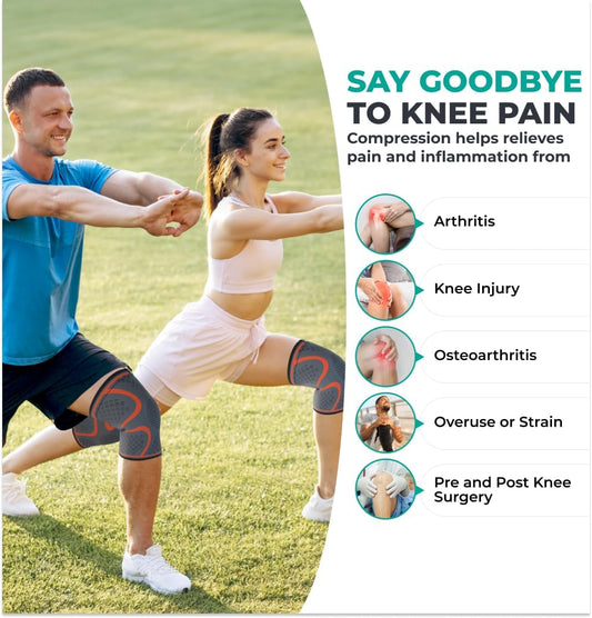 Two people exercising outdoors with knee support, promoting relief from various knee conditions.

