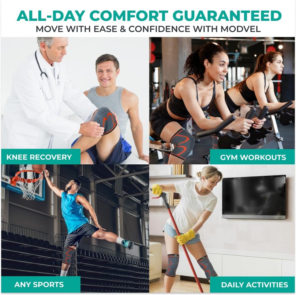 Collage of people in various activities with text about knee recovery, gym workouts, sports, and daily activities.

