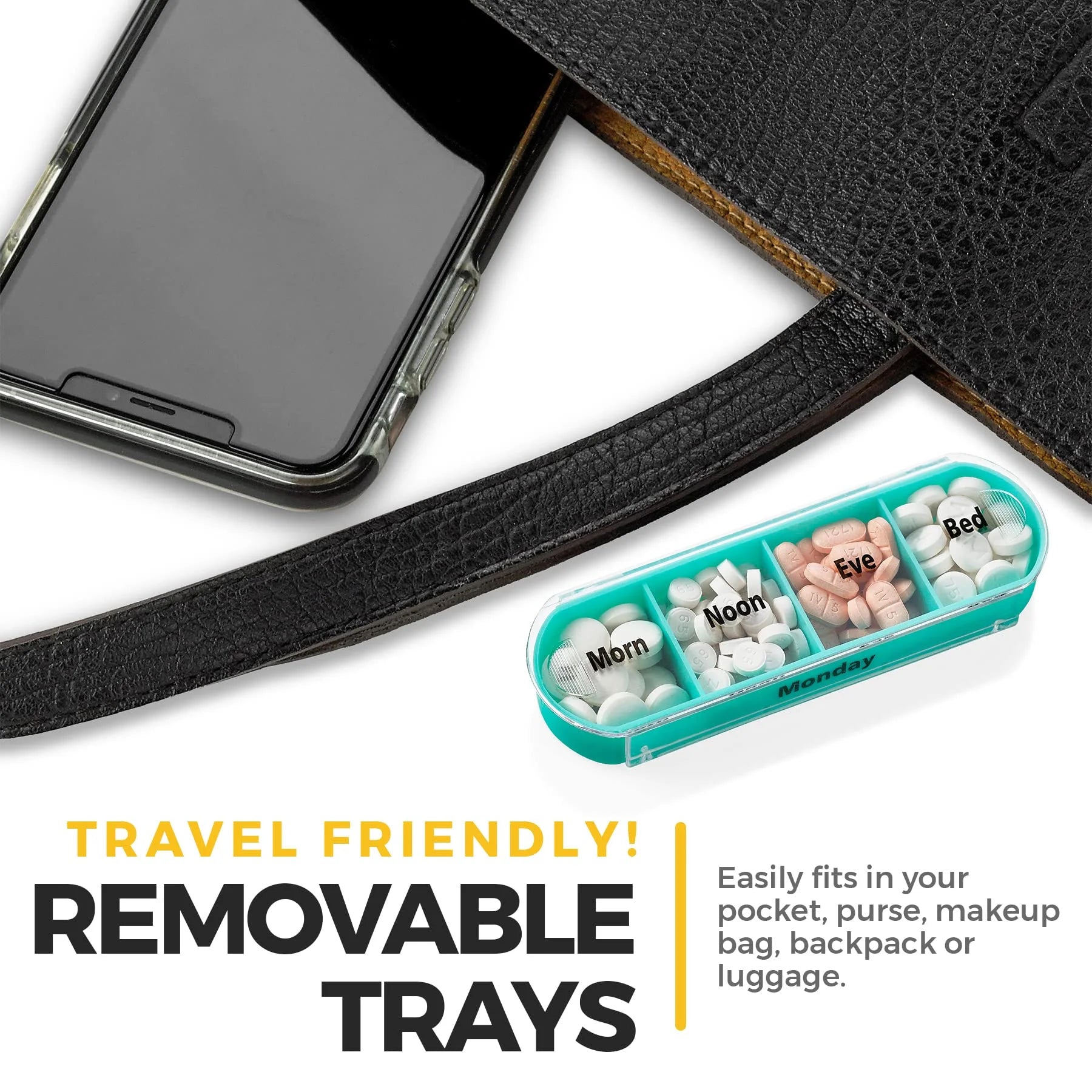 Teal pill organizer with four compartments on a white background, next to a smartphone and black leather case.

