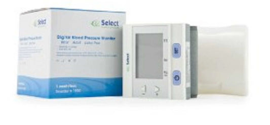 Digital blood pressure monitor with packaging on a white background


