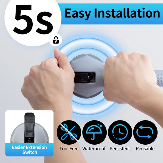 Hands installing an extension switch with '5S' branding and features listed.