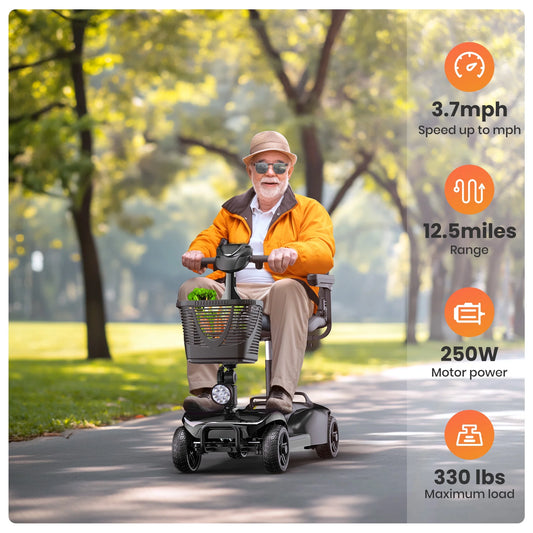 Man riding a mobility scooter in a park with specifications displayed on the right.