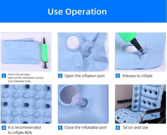 Step-by-step guide on how to use an inflatable cushion with images and text.


