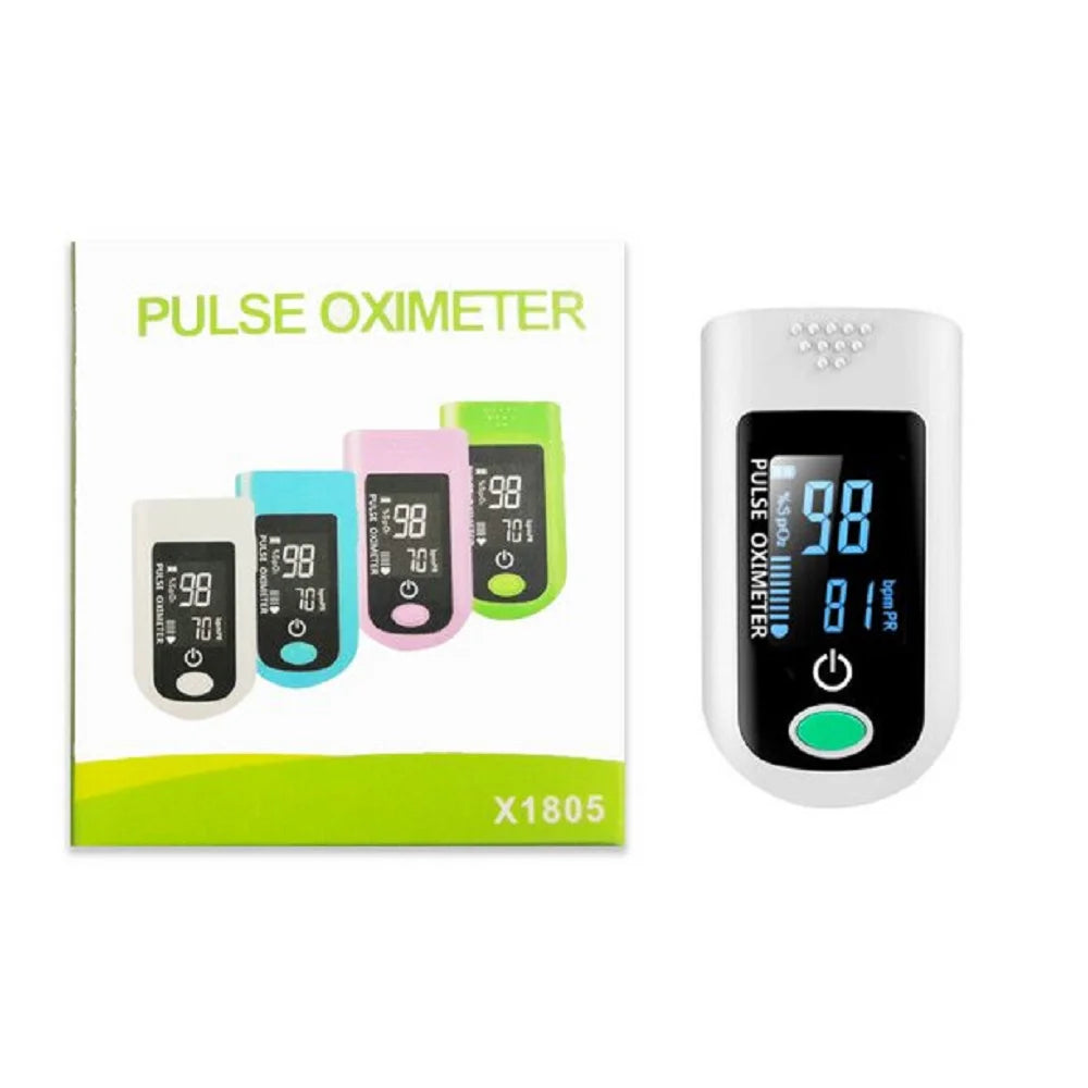 Pulse oximeter with packaging on a white background

