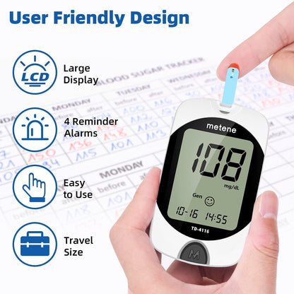 Glucose meter with a hand holding it, displayed on a background with text highlighting features.