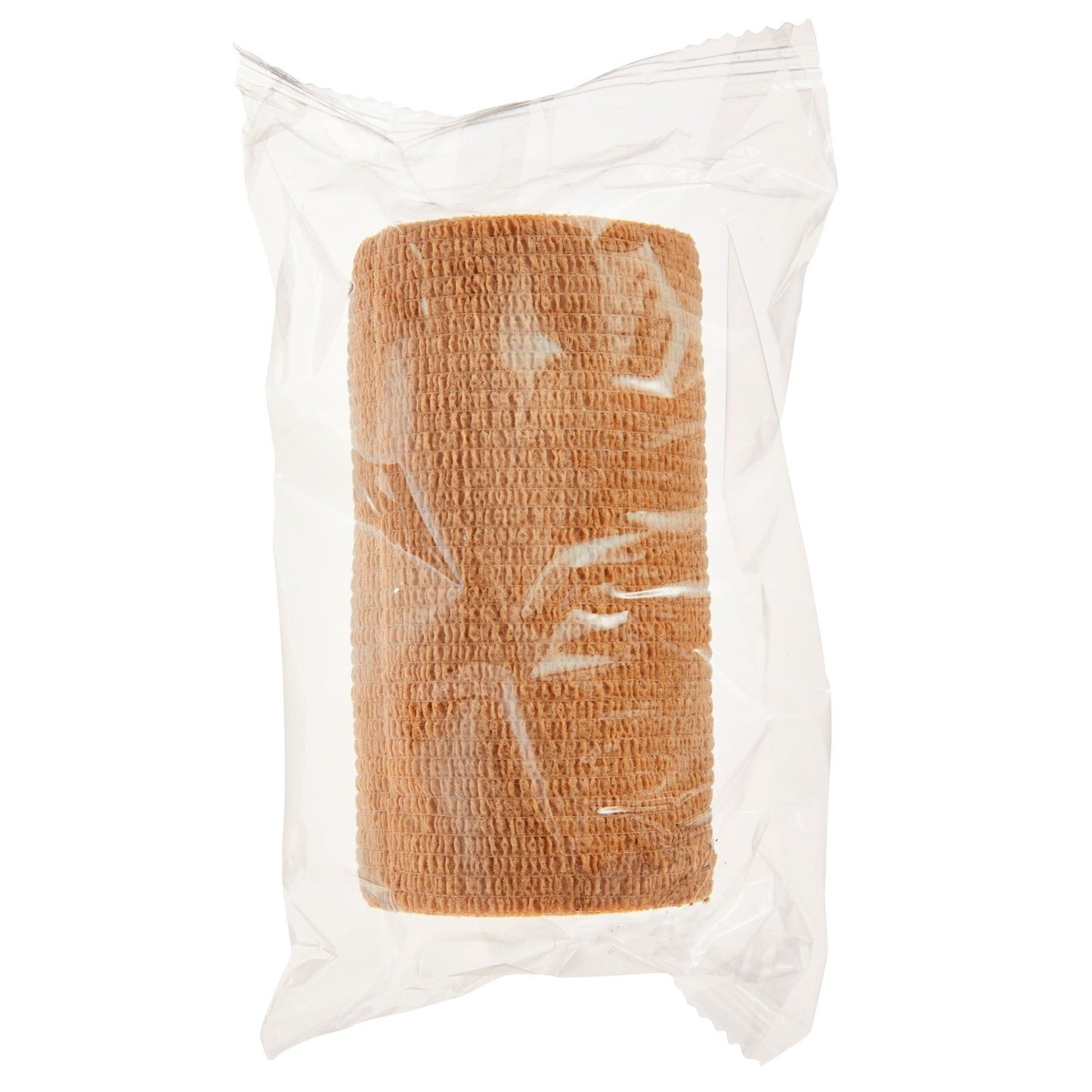 Brown bandage roll in a clear plastic packaging on a white background

