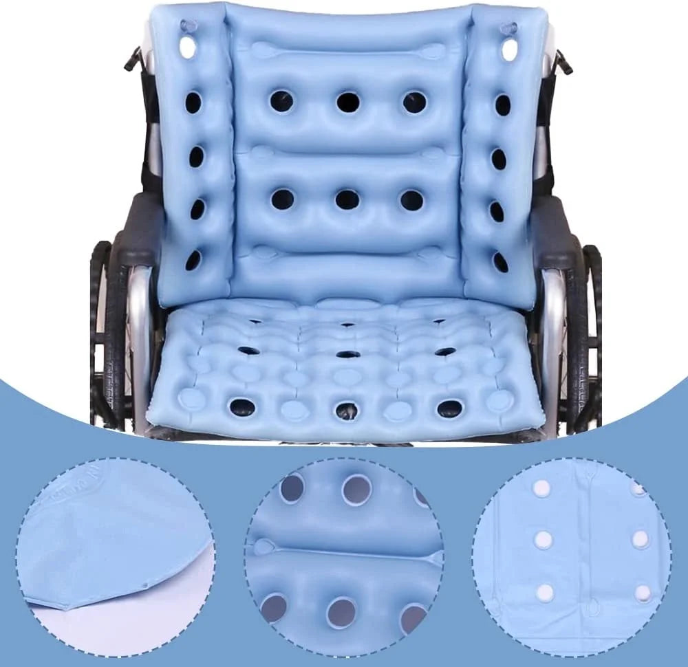 Blue cushion with air holes on a wheelchair seat, with close-up insets showing texture details.

