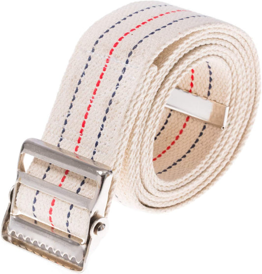 Beige belt with red and blue stitching and a metal buckle on a white background

