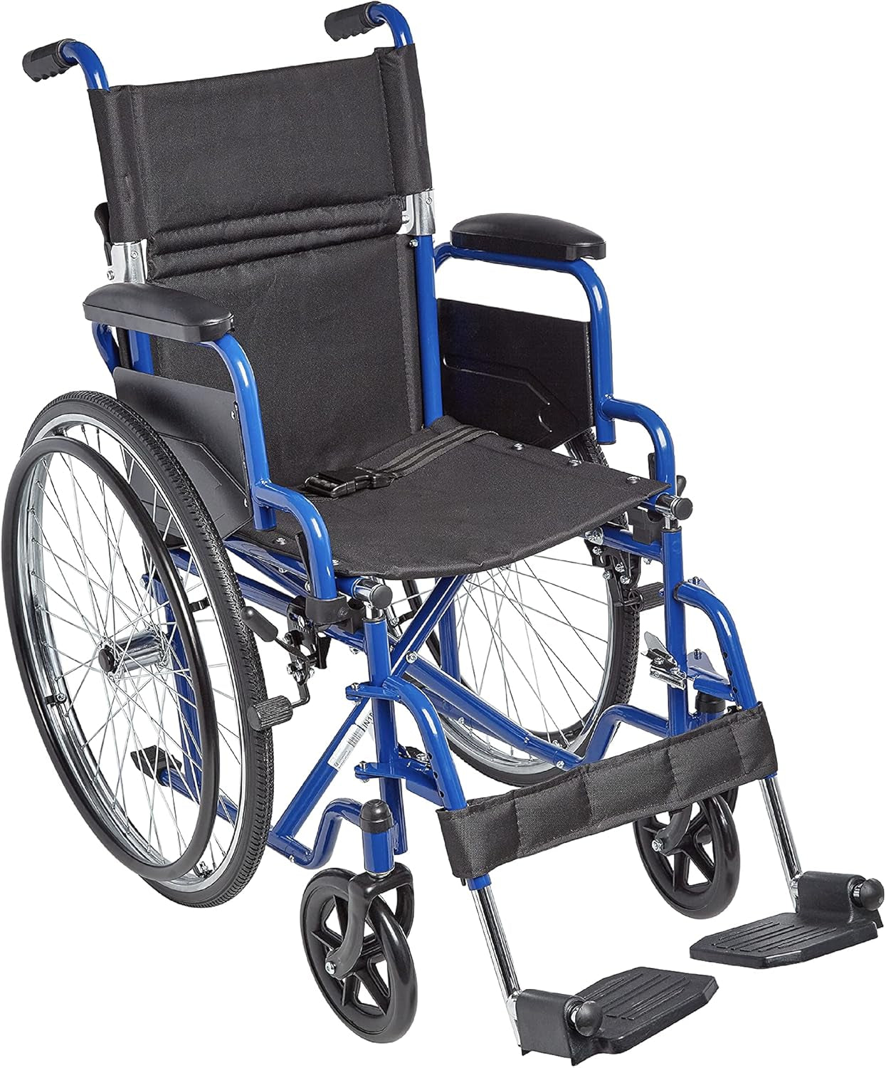 Blue and black manual wheelchair on a white background