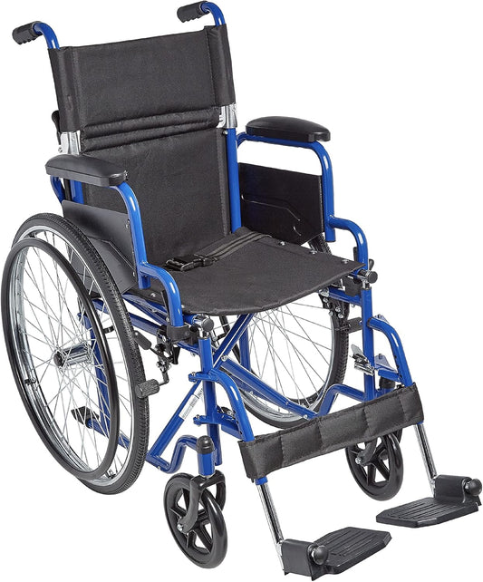 Blue and black manual wheelchair on a white background