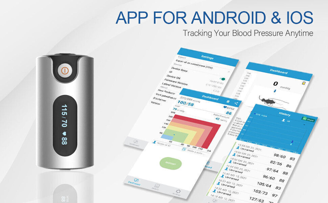 Blood pressure monitor with smartphone displaying blood pressure tracking app on a white background

