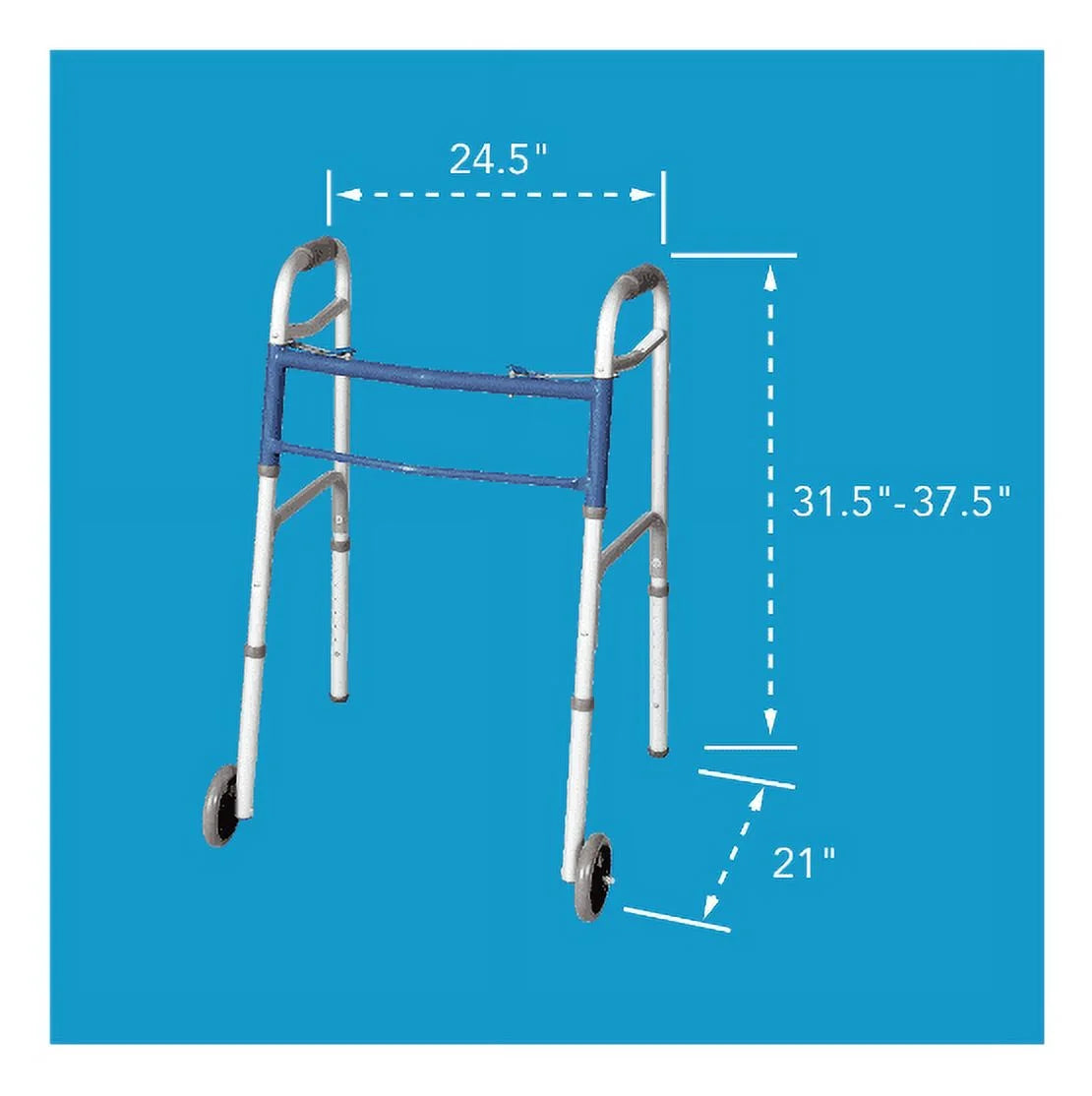 Measurement chart of a walker with dimensions on a blue background

