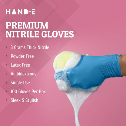 Hands wearing Hand-E Touch black nitrile gloves. Ideal for medical exams, food prep, and cleaning tasks.