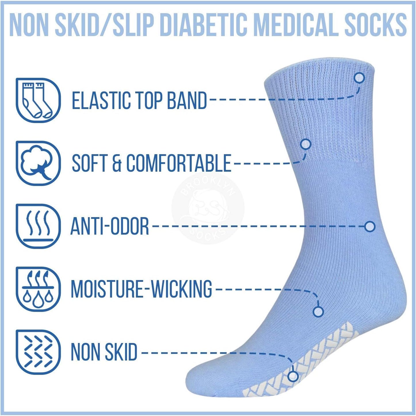 Blue diabetic medical sock with features highlighted on a white background