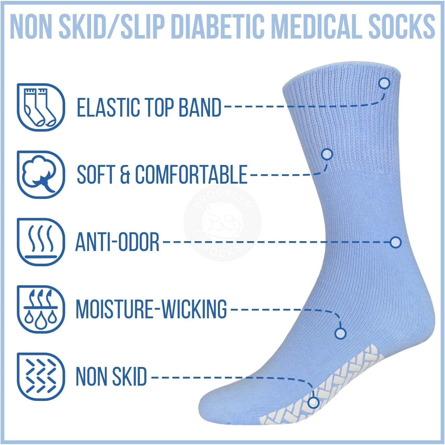 Blue diabetic medical sock with features highlighted on a white background
