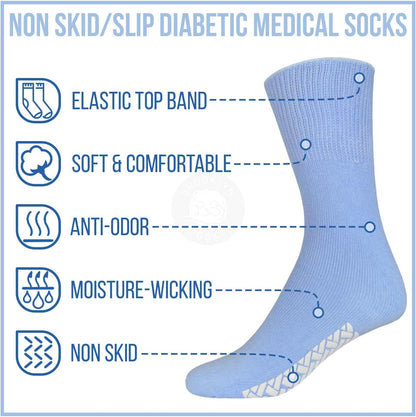 Blue diabetic medical sock with features highlighted on a white background