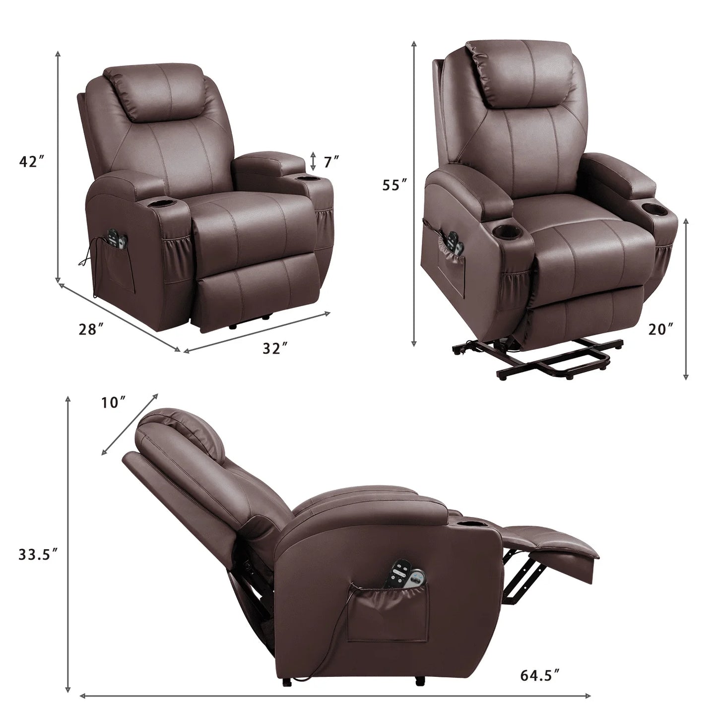 Brown leather recliner chair with dimensions on a white background