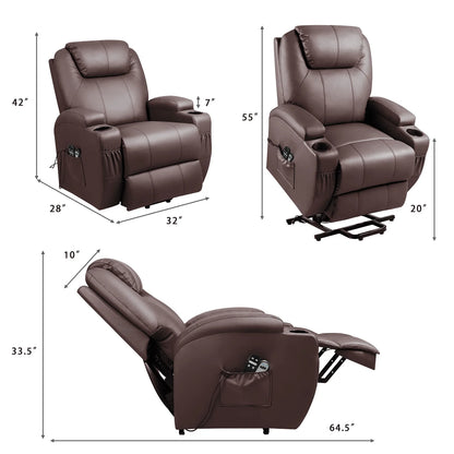 Brown leather recliner chair with dimensions on a white background