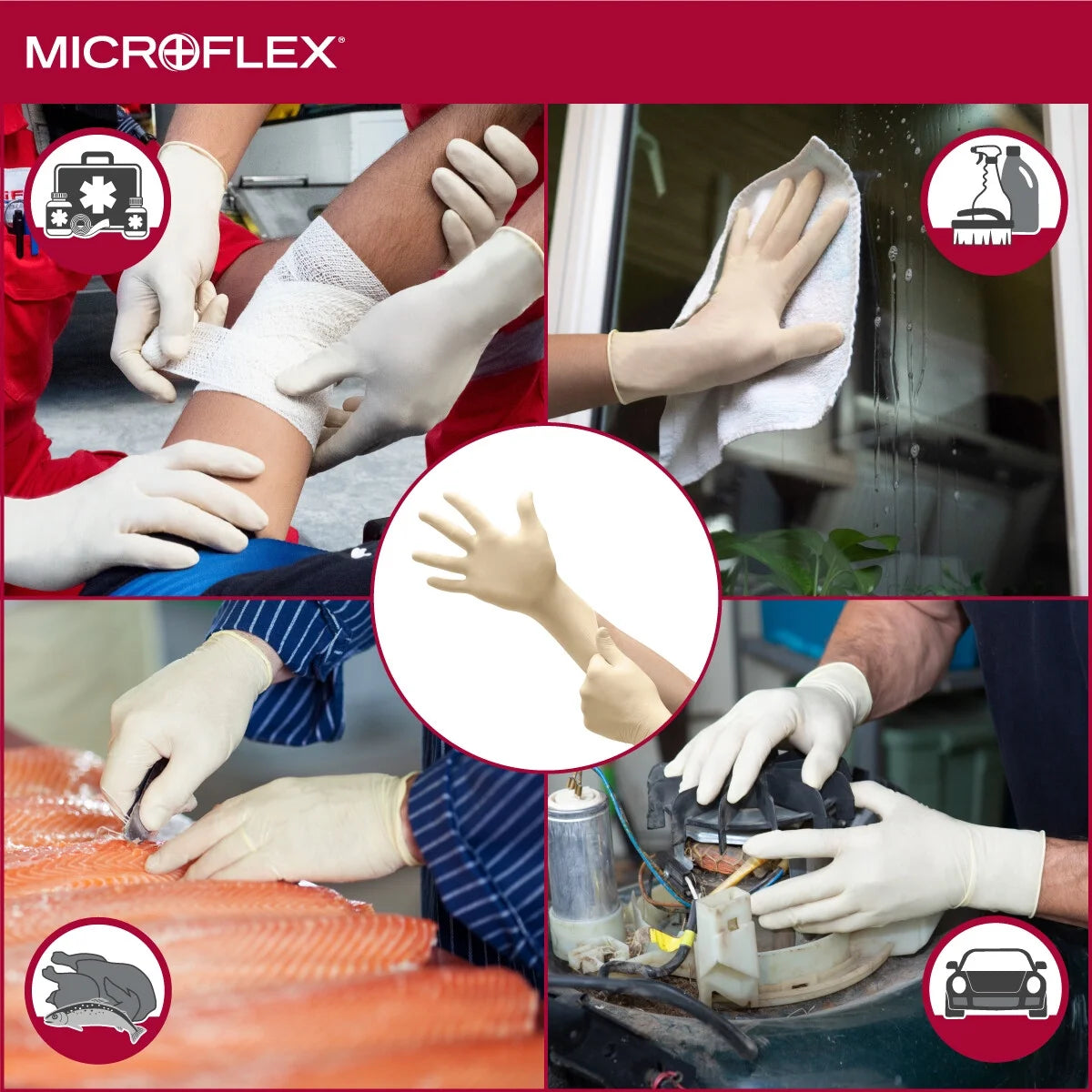Collage of hands wearing gloves in various scenarios with Microflex branding.