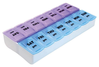 Weekly pill organizer with compartments for each day of the week.

