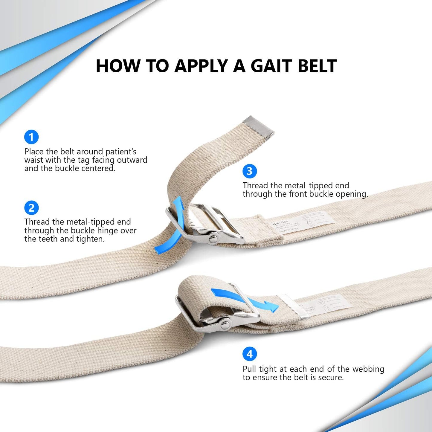 Instructions on how to apply a gait belt with text and visual steps.
