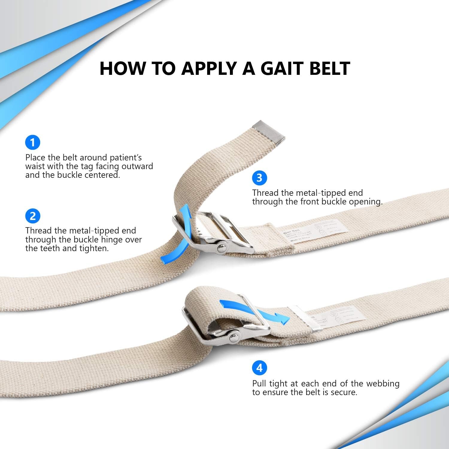 Instructions on how to apply a gait belt with text and visual steps.