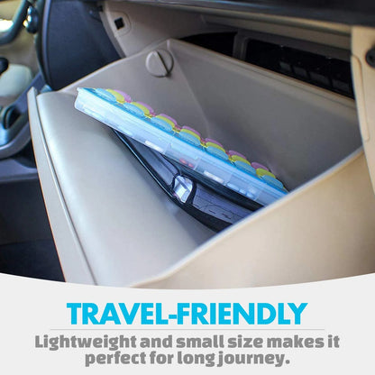 Pill organizer in glove compartment of car, labeled 'Travel-Friendly'.

