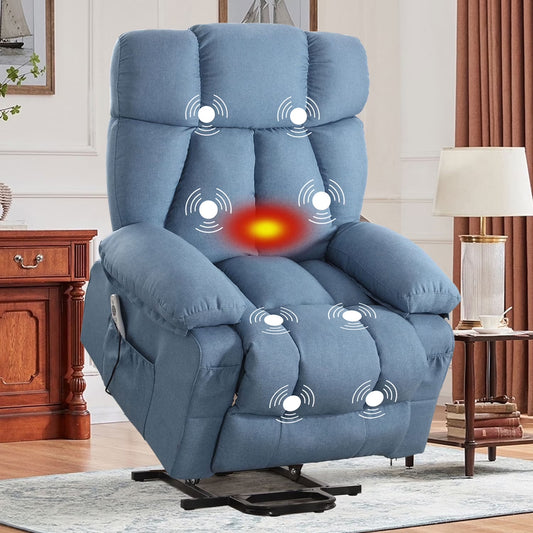 Blue recliner chair with massage points in a living room setting