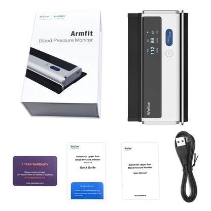 Wellfit Armfit blood pressure monitor with packaging, user manual, and USB cable on a white background


