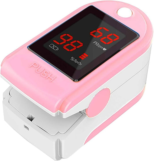 Pink and white pulse oximeter on a white background

