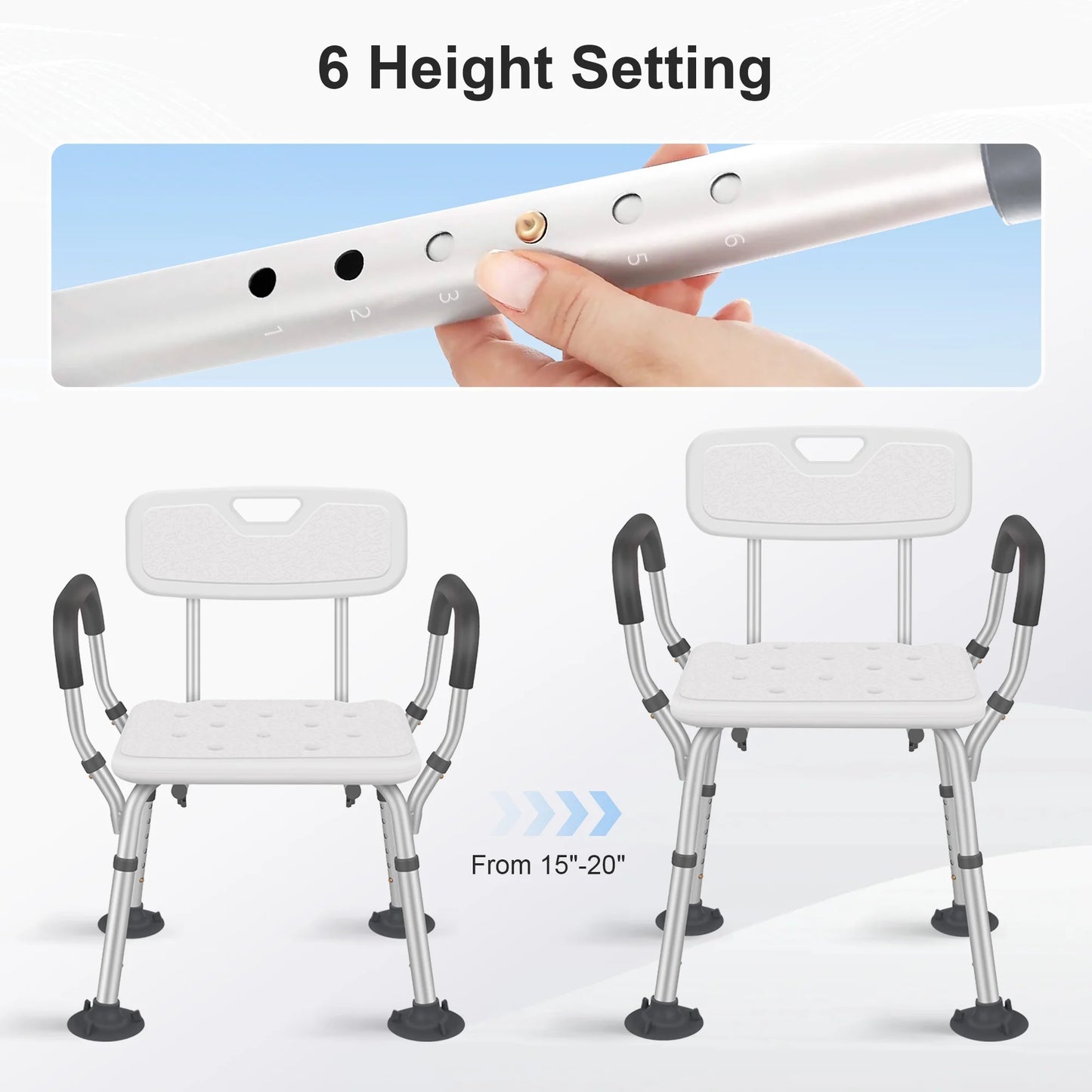 Adjustable height shower chair with height adjustment mechanism shown on a white background

