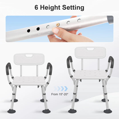 Adjustable height shower chair with height adjustment mechanism shown on a white background

