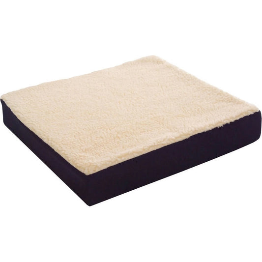 Square pet bed with beige fleece top and black exterior on a white background

