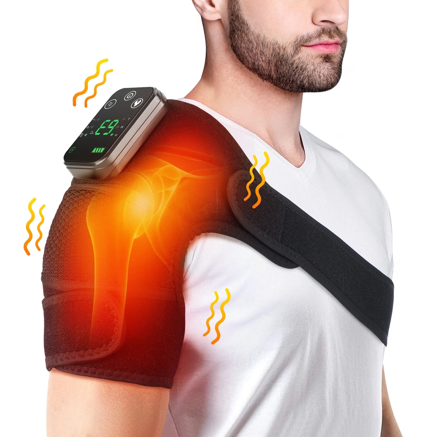 Person wearing a shoulder heating pad with digital display on a white background

