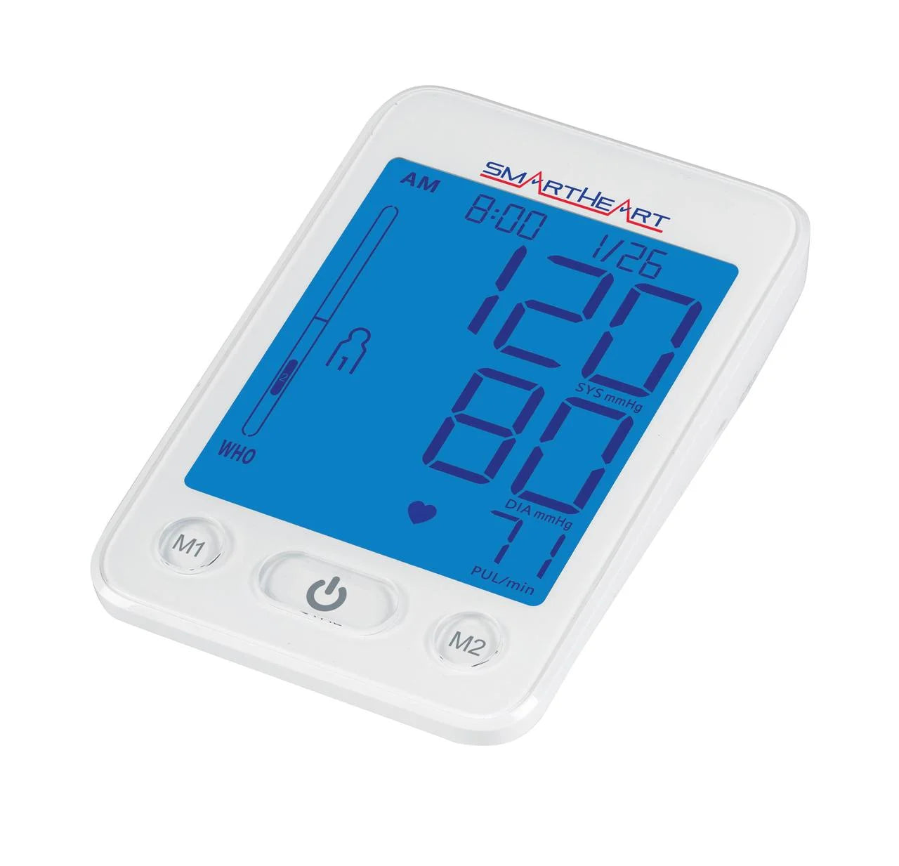 Digital blood pressure monitor with blue display on a white background