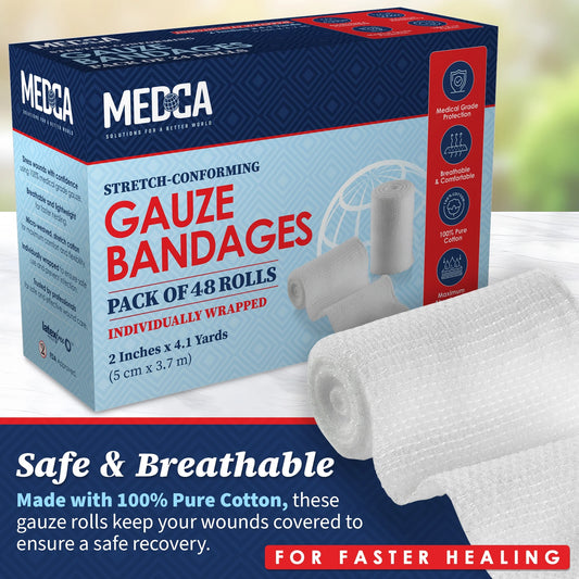 Box of Medca stretch-conforming gauze bandages with a roll of bandages on a white background