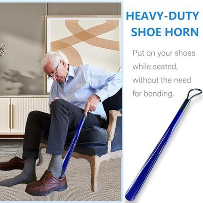 Man using a blue shoe horn with text about its use on a white background