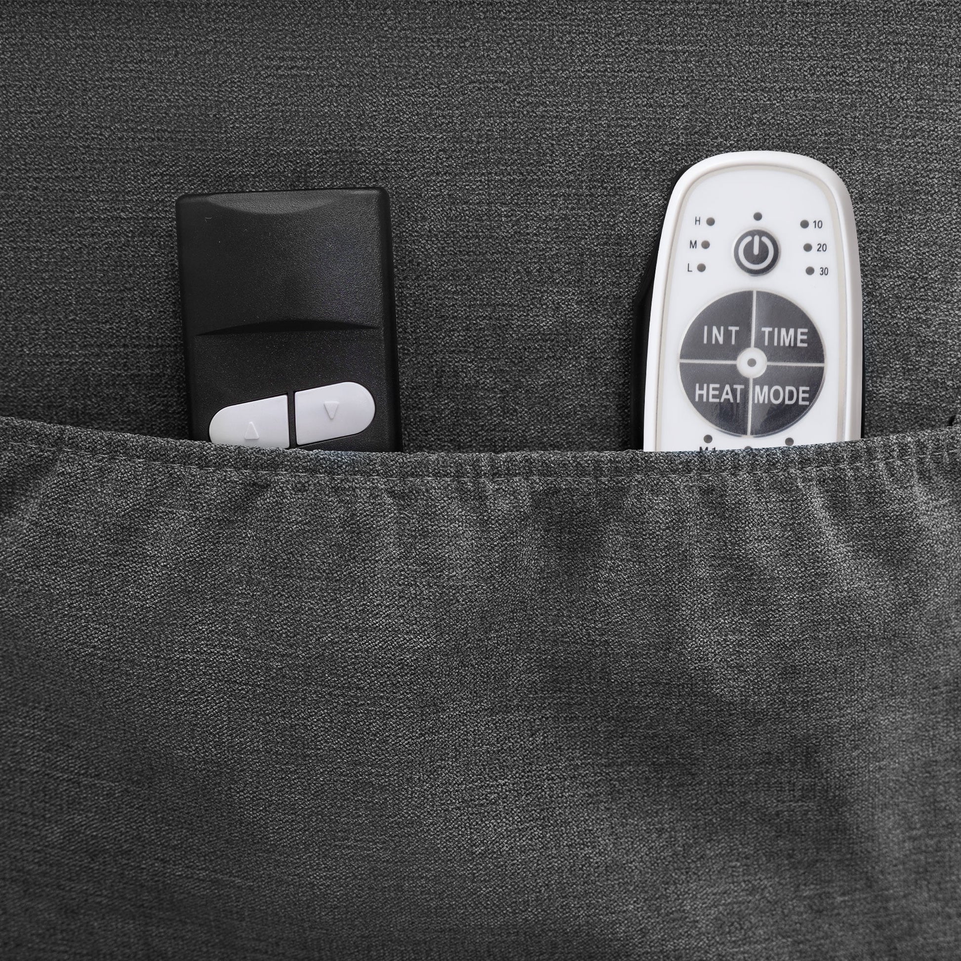Black remote control and white electronic device in a pocket with a textured gray background