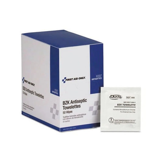 Box of BZK Antiseptic Towelettes with a single packet on a white background

