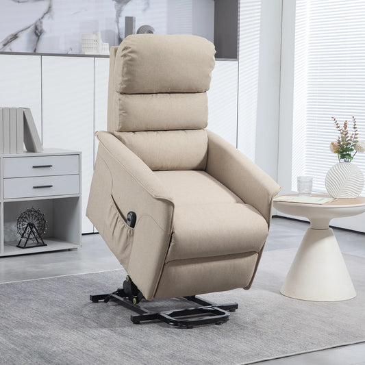 Beige lift chair in a living room setting with a white cabinet and table in the background.