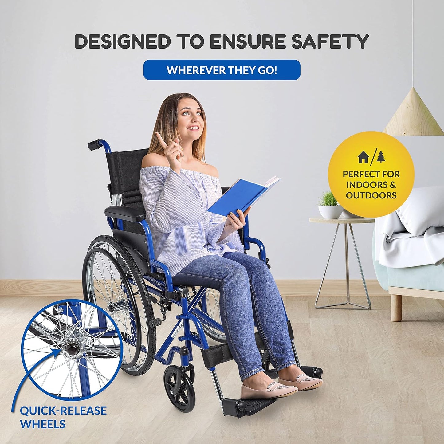 Woman in a wheelchair holding a book with promotional text about safety and versatility.