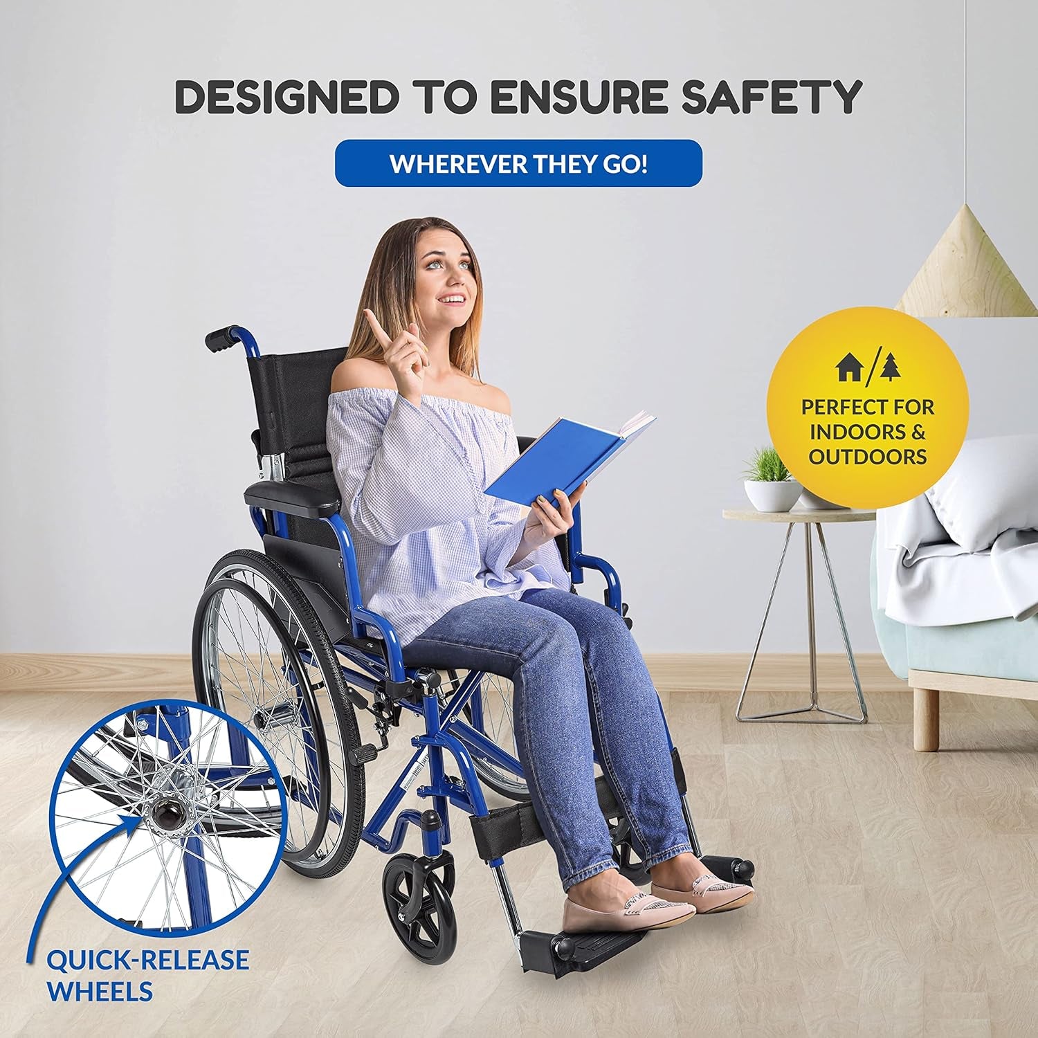 Woman in a wheelchair holding a book with promotional text about safety and versatility.
