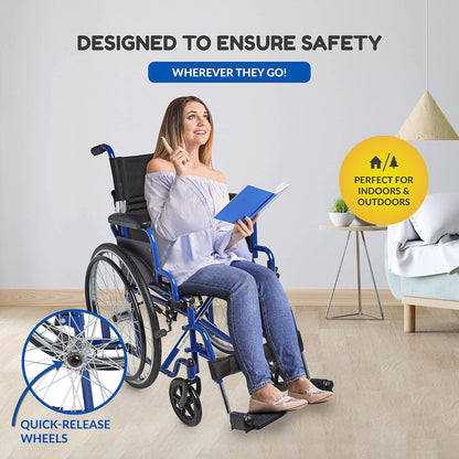 Woman in a wheelchair holding a book with promotional text about safety and versatility.
