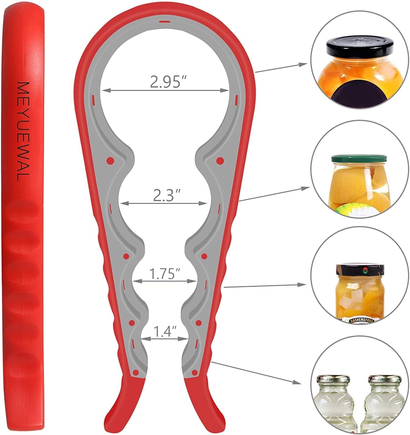 Red and gray jar opener with measurements and uses shown