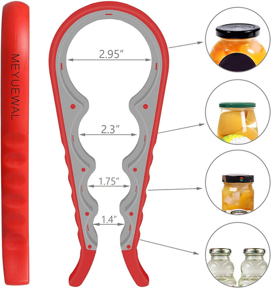 Red and gray jar opener with measurements and uses shown