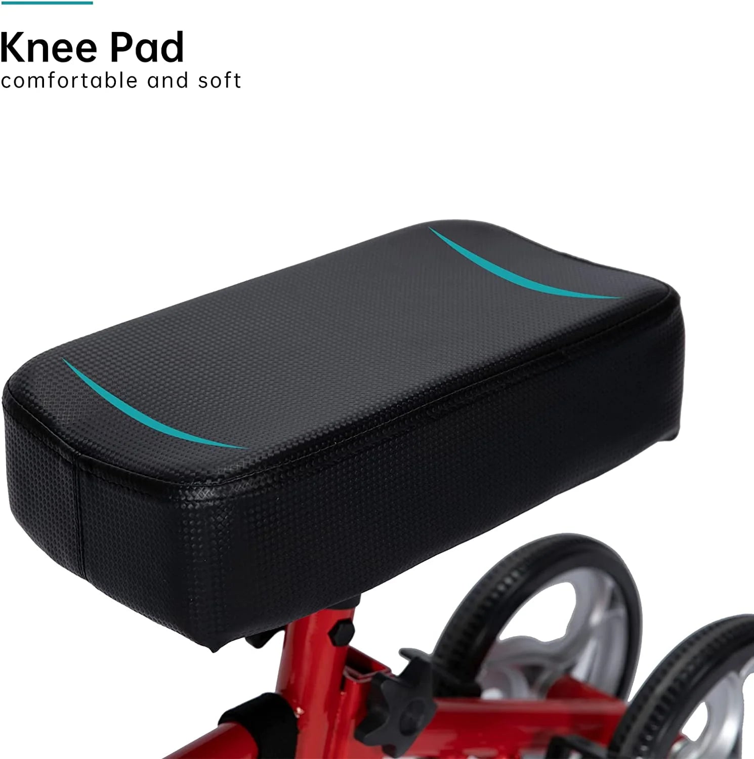 Black knee pad attached to a red scooter with text 'Knee Pad comfortable and soft' on a white background

