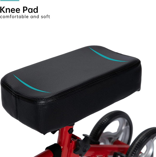 Black knee pad attached to a red scooter with text 'Knee Pad comfortable and soft' on a white background

